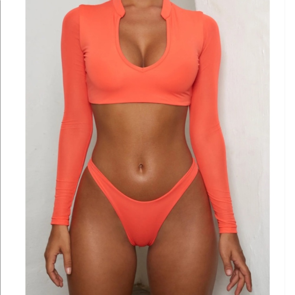 2 Piece peach mesh long sleeve bathing suit